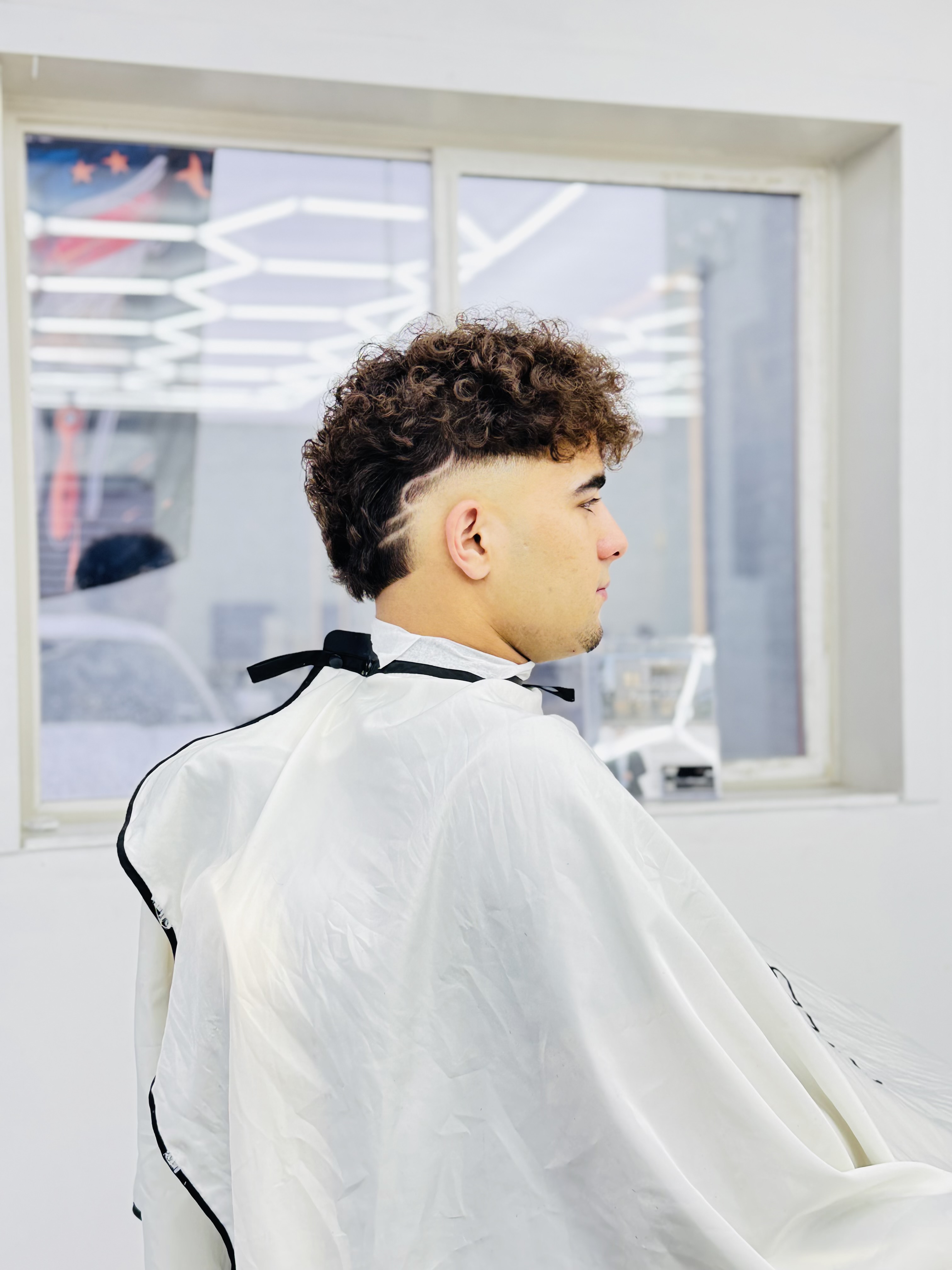 Curly top with skin fade, back view
